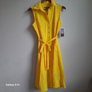 Sharagano of New York - yellow knee-length flare summer dress with waist tie